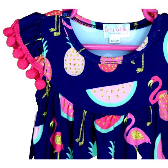 Clover Cottage Girl's Dress Tropical Print Blue Fabric Pom-Pom Trim Size 18-24M - Picture 2 of 3